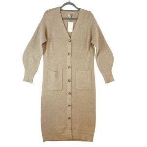 A New Day Duster Cardigan Women's Small Beige Oatmeal Button Up Ribbed Knit